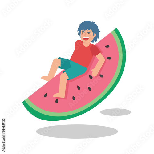 Boy Riding a Watermelon Slice Float.
