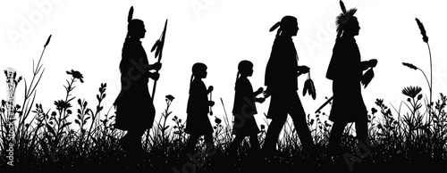 Native American Family Walking in Grass Silhouette Tribal People Culture Tradition Vector Illustration Historical Heritage Scene Design