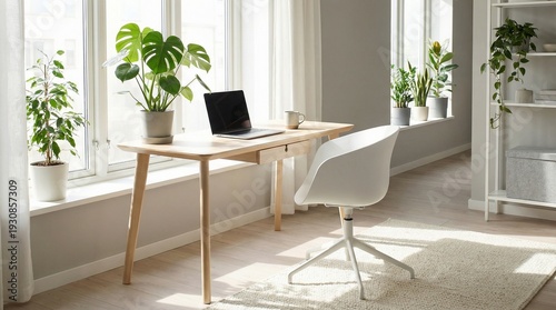 Modern home office interior with a wooden desk, laptop, chair, and plants, creating a bright and productive workspace.