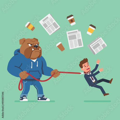 Bulldog pulling businessman on leash with newspapers and coffee cups.