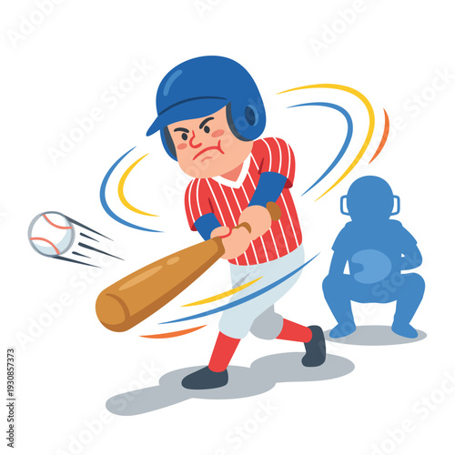 Cartoon baseball player swinging bat at ball with catcher behind.