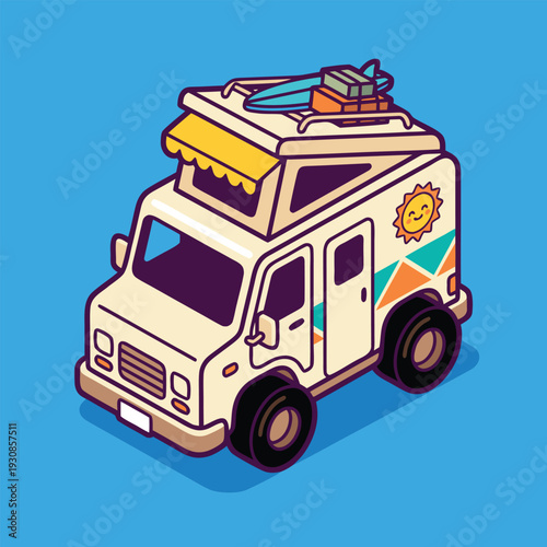 Cartoon Camper Van with Surfboard on Roof.