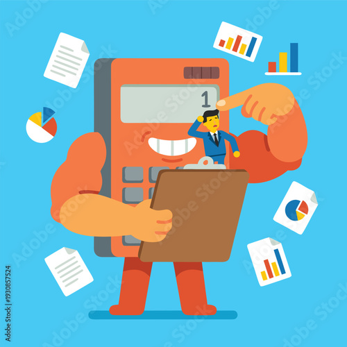 Cartoon calculator with muscular arms holding clipboard and tiny businessman.