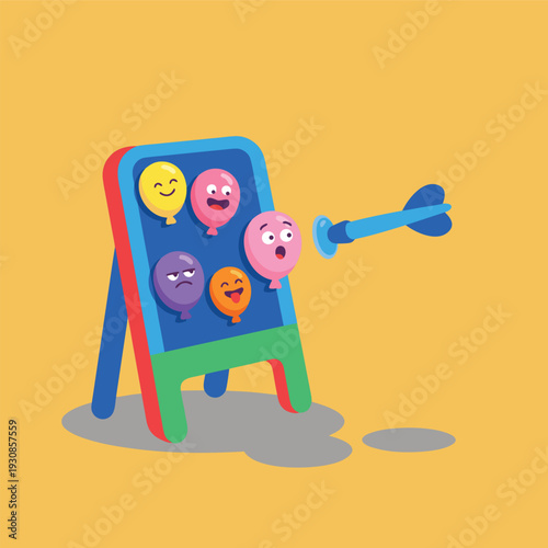 Cartoon Dartboard Game with Balloons.