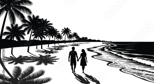 Romantic Couple Walking Tropical Beach with Palm Trees Ocean Shore Vacation Travel Landscape Vector Illustration Design