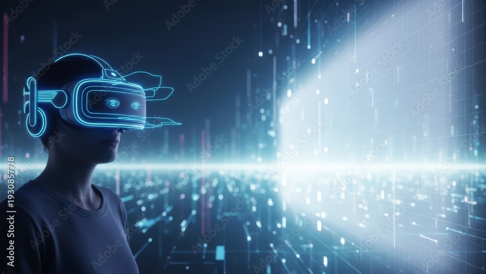 Fototapeta premium Immersive virtual reality experience with futuristic digital world and glowing lights