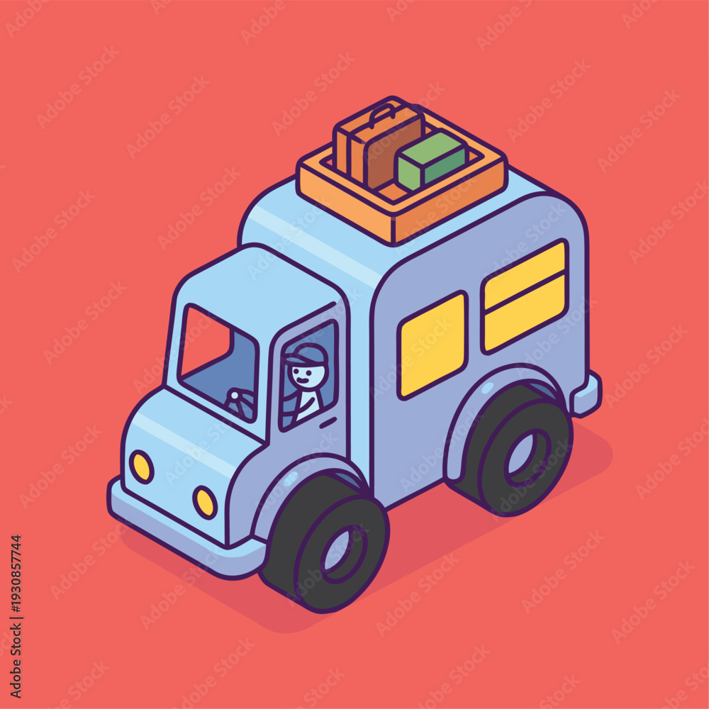 Naklejka premium Cartoon moving truck with luggage on top.