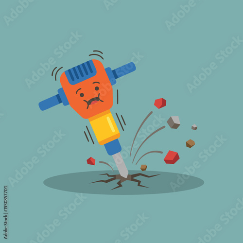 Cartoon Jackhammer Breaking Ground with Sad Face.