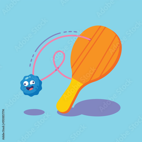 Cartoon illustration of a paddle ball toy with a happy blue ball on a string.