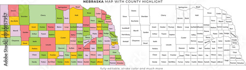Foto Nebraska county map with color coded sections and black and white outline illust