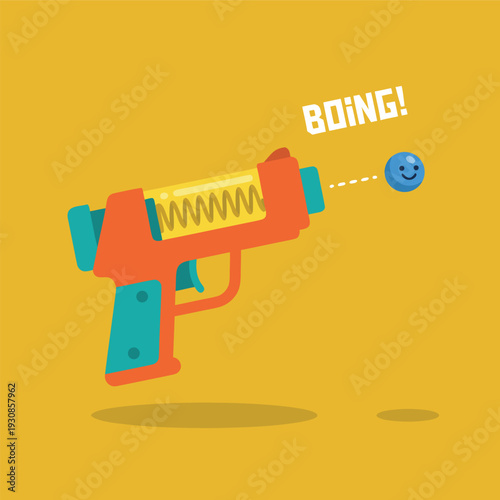 Cartoon toy gun shooting a smiley face ball.