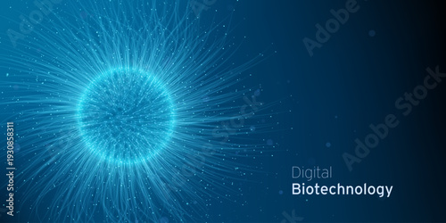 Abstract blue Virus Cell Cyber Technology illustration. Pathogen digital biotechnology futuristic concept. Biology innovative research backdrop.