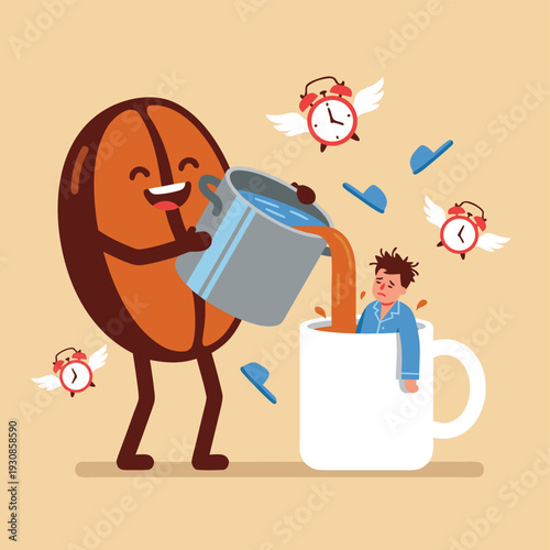 Coffee Bean Character Pouring Coffee into Mug with Man.