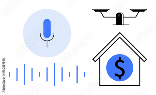 Smart home, voice interaction, cybersecurity, financial stability, online payments, surveillance. Microphone, sound waves security camera and house with dollar symbol. Smart home and cybersecurity
