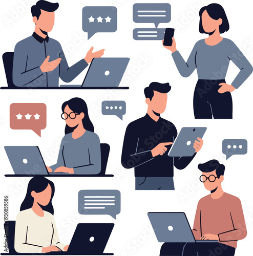 Create a Social media concept illustrations. Set of people in various activities of social network, digital marketing, online communication, internet services vector art of white background
