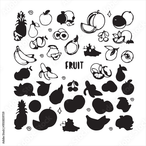 Minimalist fruit silhouette icons set isolated on white