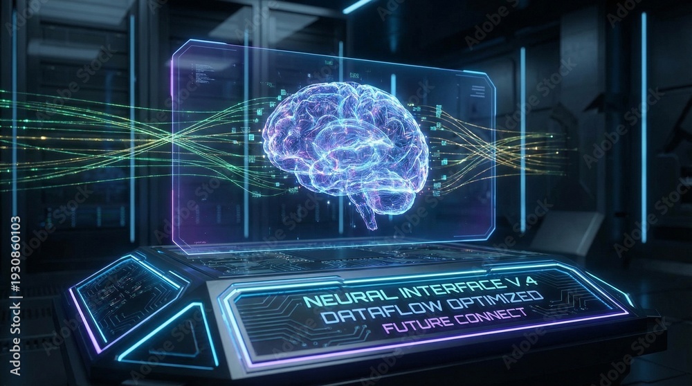 Fototapeta premium Glowing holographic human brain emerging from a sleek futuristic data processing unit, highlighting neural interface and optimized data flow concepts.