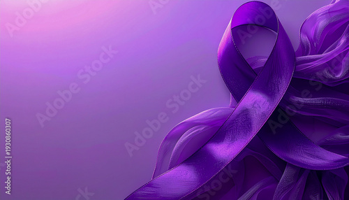 Lazo morado de satén brillante, símbolo del Día Internacional de la Mujer (8M). Representa igualdad, derechos y justicia social. Imagen elegante ideal para campañas y comunicación institucional.