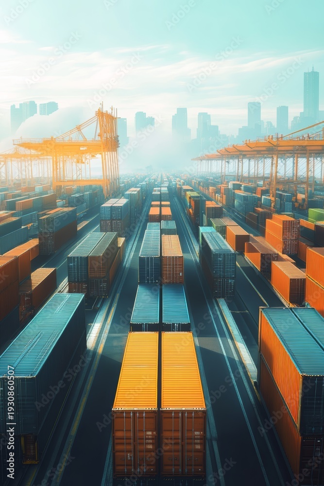 Fototapeta premium A city skyline with a large number of cargo containers. Scene is busy and bustling, with the containers stacked high and the city in the background