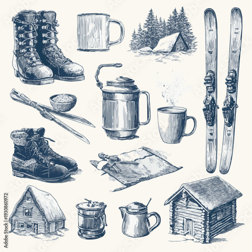 Create a Vintage hand drawn apres ski elements set vector art of white background