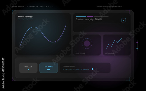 The visual mood is ultra-modern, clinical, and sophisticated. Set against a deep charcoal background, the interface utilizes a high-contrast palette of neon cyan and violet gradients to define its 