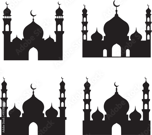 Mosque during Eid morning vector silhouette illustration design set collection, mosque eid morning silhouette, eid prayer mosque vector, eid morning prayer illustration, islamic eid worship silhouette