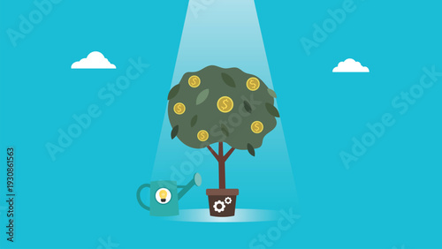 Watering money tree with creative ideas concept vector illustration. Financial investment and business growth strategy.