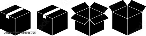 Black and White Isometric Cardboard Box Icon Set Showing Sequence of Sealed Packaging and Open Delivery Parcels for Shipping Logistics and E-commerce Design