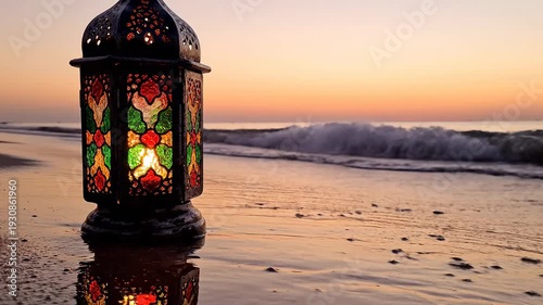 Illuminated Moroccan Lantern on a Sandy Beach During a Breathtaking Sunset with Gentle Waves