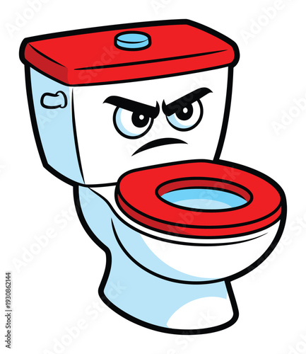 Cartoon Toilet with Angry Face and Red Seat