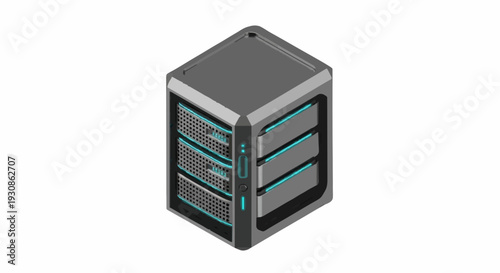 Sleek Isometric Server Illustration for High-Performance Data Processing and Secure Cloud Infrastructure