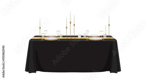 Elegant black tablecloth with gold serving dishes and candelabras.