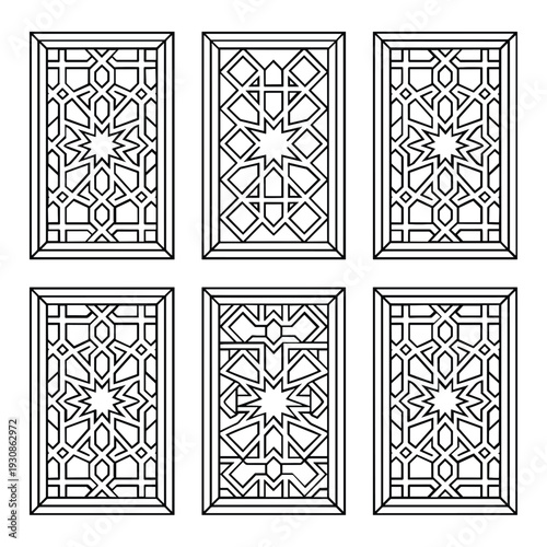 Intricate geometric patterns displayed in a grid of six window designs isolated on white background, Vector