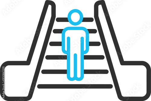 Single simplified human figure stands upright on moving escalator steps suggesting upward mobility or transport within a structure.