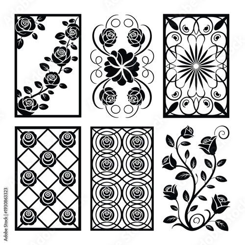 Intricate black and white floral and geometric designs on separate panels isolated on white background, Vector