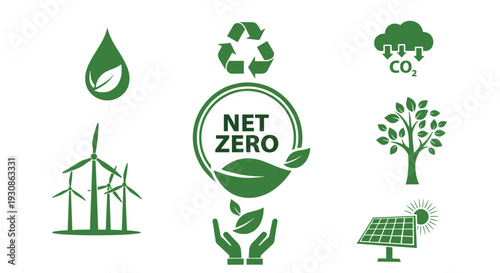Net zero and renewable energy icons set with recycling, wind turbines, solar panel and eco tree symbols, sustainable environment and green technology conceptNet zero and renewable energy 