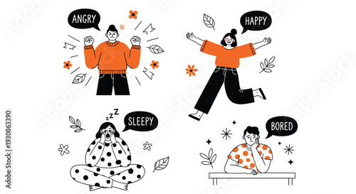 Set of human emotions illustrations showing angry, happy, sleepy and bored characters, expressive mood concept for mental health, feelings communication and emotional awarenessSet of human 