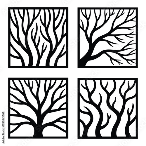 Four distinct black and white tree designs arranged in a square pattern. isolated on white background, Vector