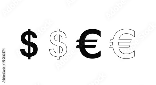 Dollar and euro currency symbols set in black and white style, financial exchange concept illustration for banking, economy, investment and global businessDollar and euro currency symbols set 