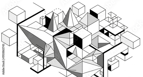 Abstract Geometric Composition with Cubes and Pyramids.