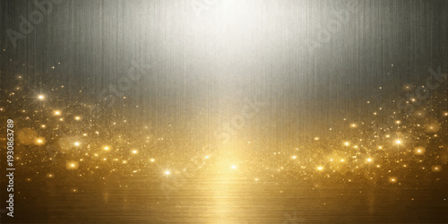 Radiant Sparkle: An ethereal glow bathes a metallic canvas in a dance of golden light and shimmering particles, creating an atmosphere of luxury and sophistication.