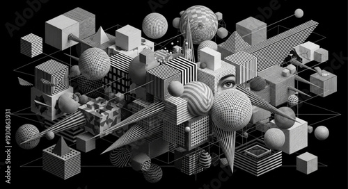 Abstract geometric shapes with black and white patterns create a complex composition.