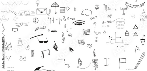 An abstract illustration of a face with various symbols and shapes
