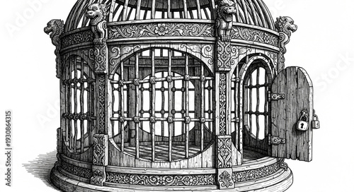 Antique ornate birdcage with intricate details and open door.
