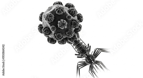 Bacteriophage virus particle with detailed capsid and tail structure.