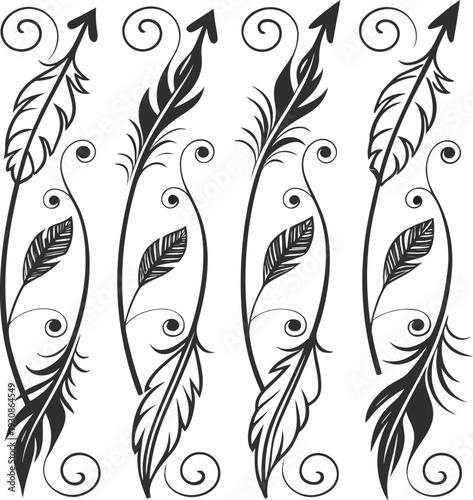 The image features a black-and-white decorative pattern of four stylized feather designs. Each feather has intricate detailing with swirls and curls at the base and along the stem. The feathers are ve