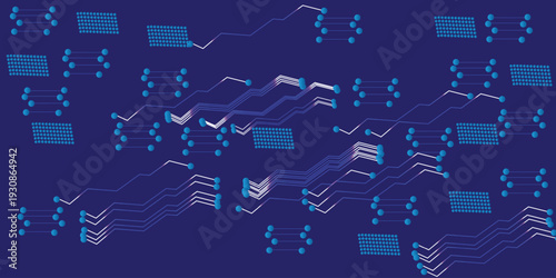 Thin circuit trace lines in blue on a dark technology background. Abstract digital tech bg. Vector illustration Chip connectors.