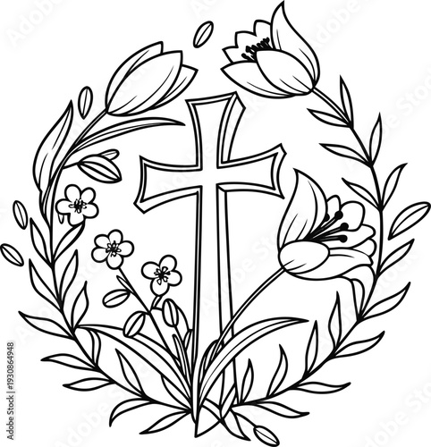 Easter Cross and Spring Flowers Line Art