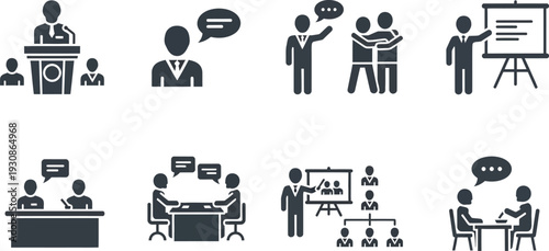 Collection of dark silhouette icons depicting various business interactions like public speaking, discussion, and presentation.