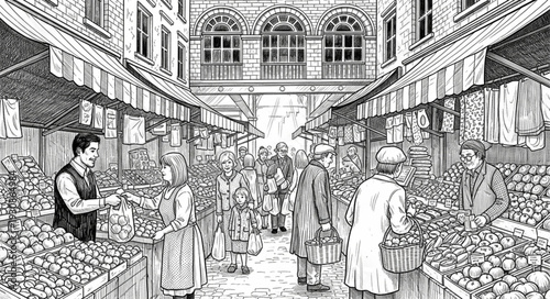 Busy Outdoor Market Scene with Numerous Shoppers and Vendors.